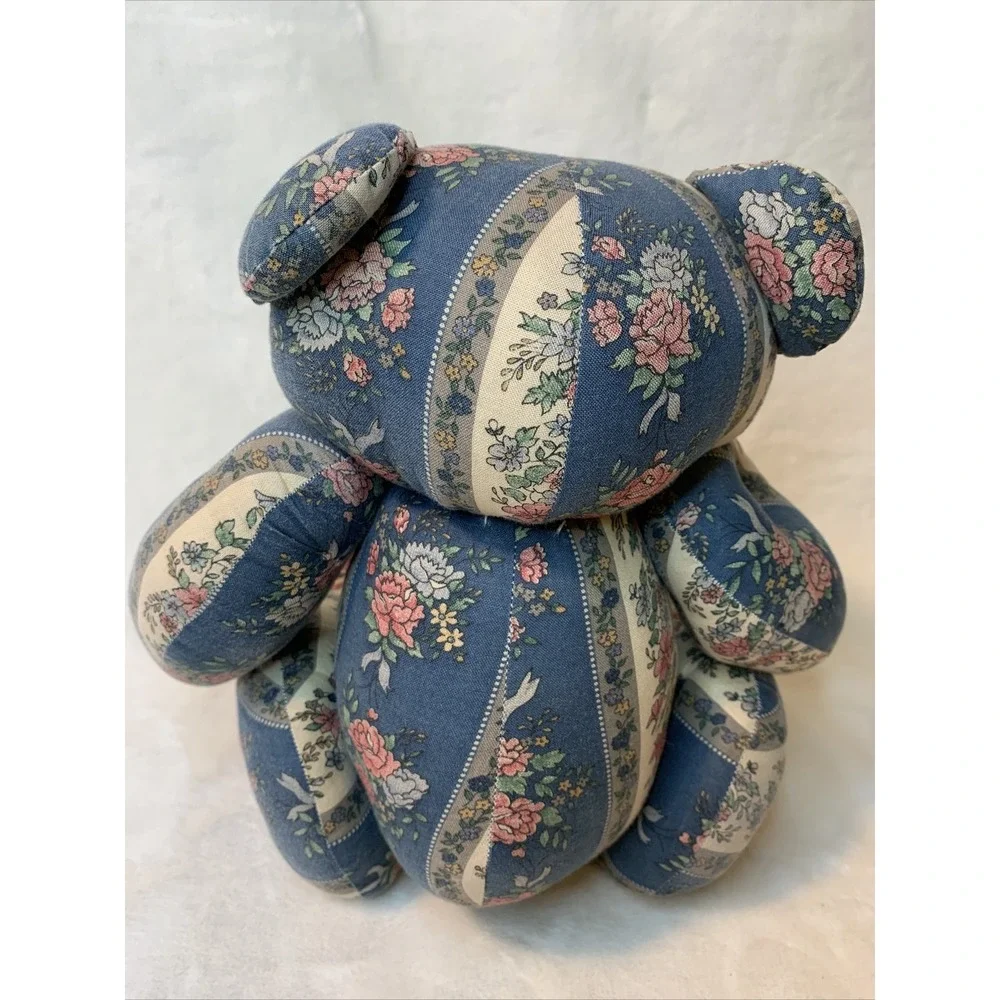 Vintage Patchwork Teddy Bear Stuffed Plush Floral Jointed Poseable Quilt Button - Picture 9 of 12
